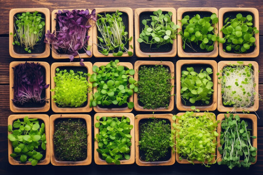 Trays with various microgreens standing on wooden table, top view, Generative AI