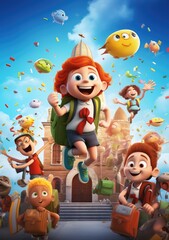 Schooltime Shenanigans. Hilarious and Happy 3D Character Poster Capturing the Lighthearted Moments of Friends Back to School Experience