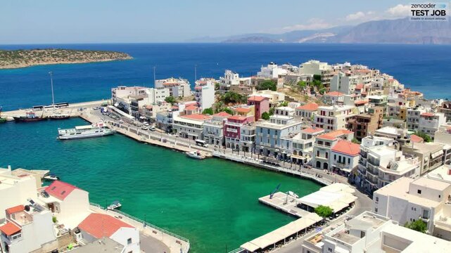 Aerial view of port of Agios Nikolaos, Aegean sea and Greek islands in Crete, Greece