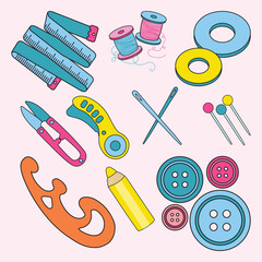 Set of Tailor and Sewing Tools Simple Flat Line Illustration