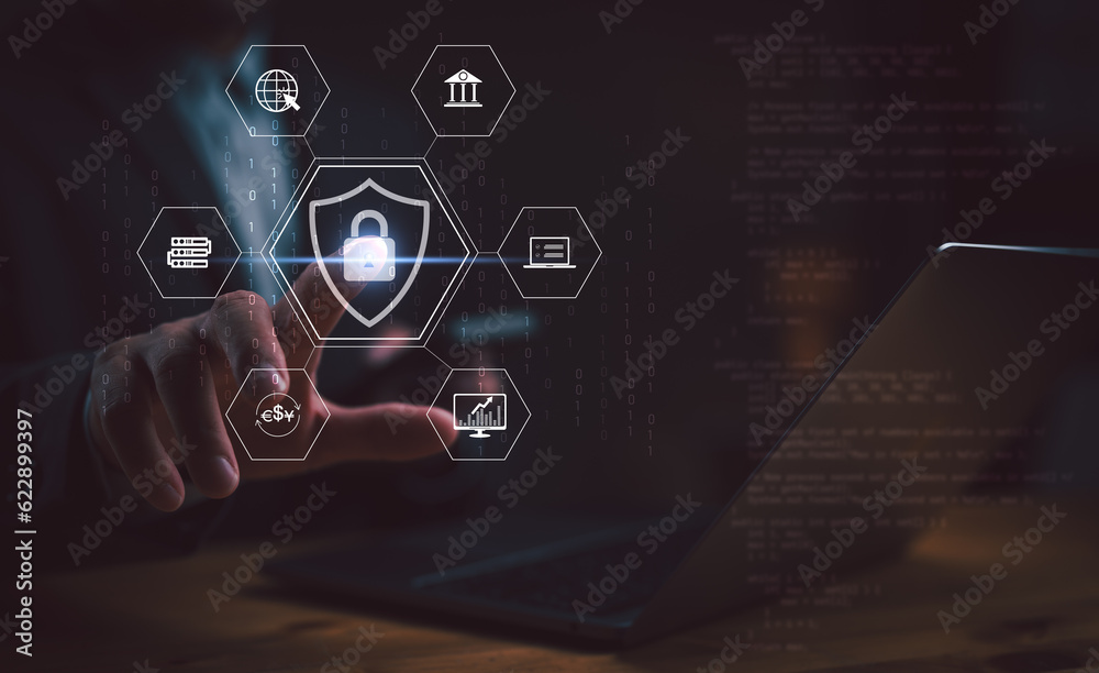 Aufkleber Concept of cybersecurity in digital technology, business people use fingerprints to access personal cybersecurity, keeping users' personal information safe, secure internet access. Data protection