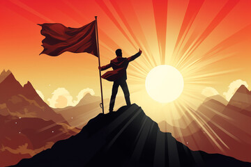 Successful Businessman with a flag on top of a mountain at sunrise. Business Success Concept. Illustration