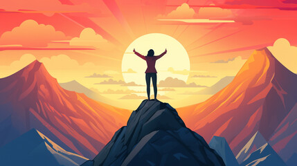 Successful Businesswoman on top of a mountain during sunrise. Business Success Concept. Illustration