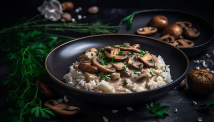 Gourmet mushroom risotto with fresh parsley garnish generated by AI