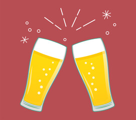 グラスビールで乾杯をする手描き風のベクターイラスト © ICIM