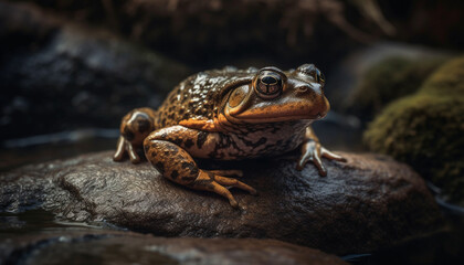 Fototapeta premium Spotted toad sitting in wet green forest generated by AI