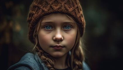 Cute caucasian child smiling in winter forest portrait generated by AI
