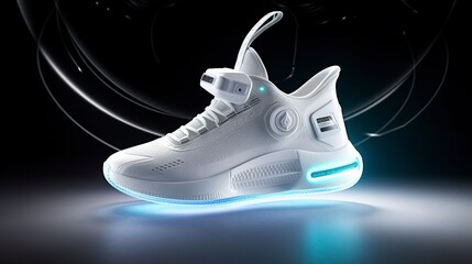 Futuristic fashion original sneakers. Future design of stylish sports shoes with neon glow, futuristic urban aesthetics. Sportswear, style and fashion, tomorrow footwear. AI Generative - obrazy, fototapety, plakaty