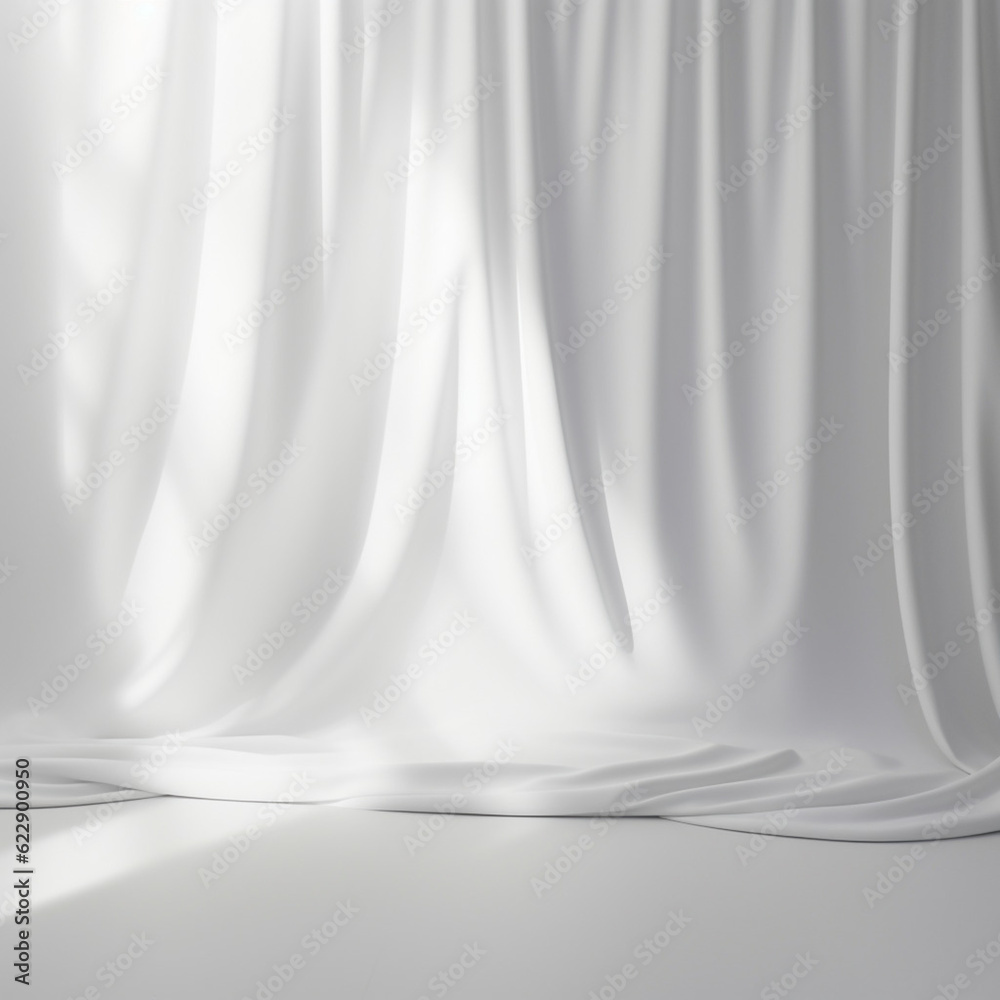 Poster empty curtains window on white background. mock up product display podium with generative ai.