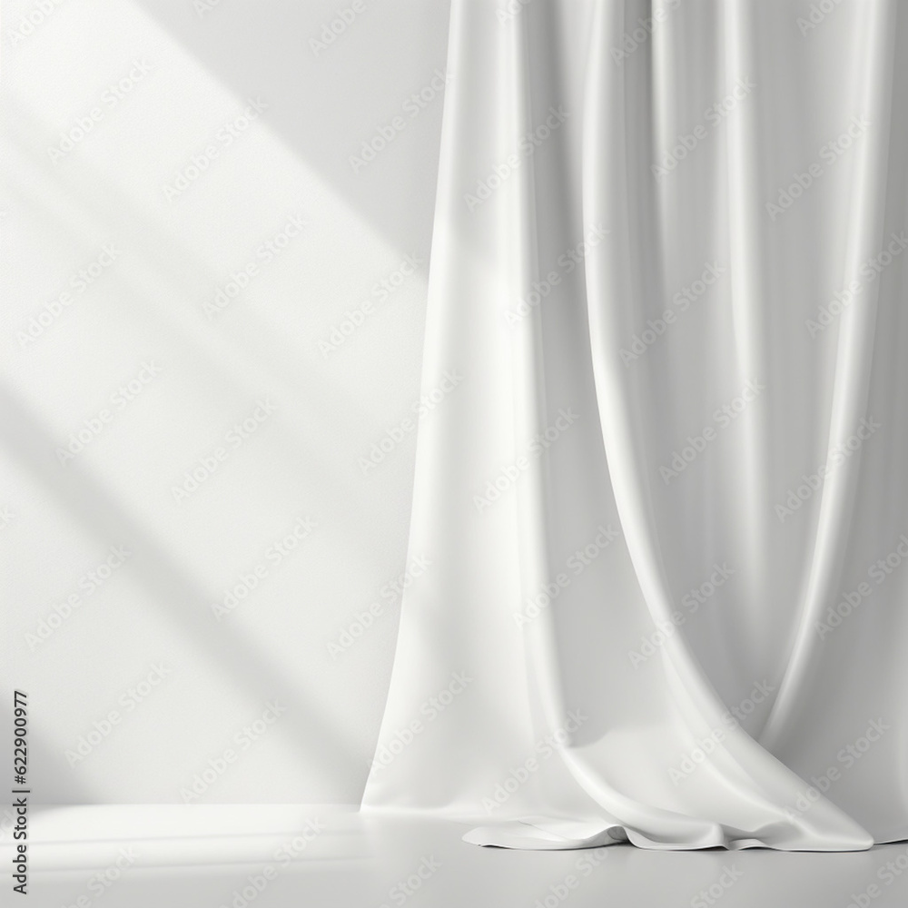 Poster empty curtains window on white background. mock up product display with generative ai.