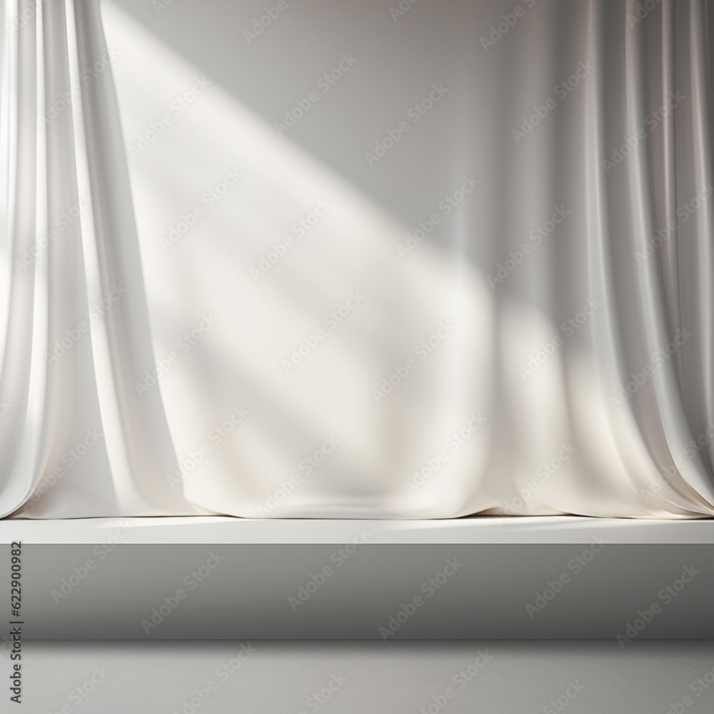 Poster empty curtains window on white background. mock up product display podium with generative ai.