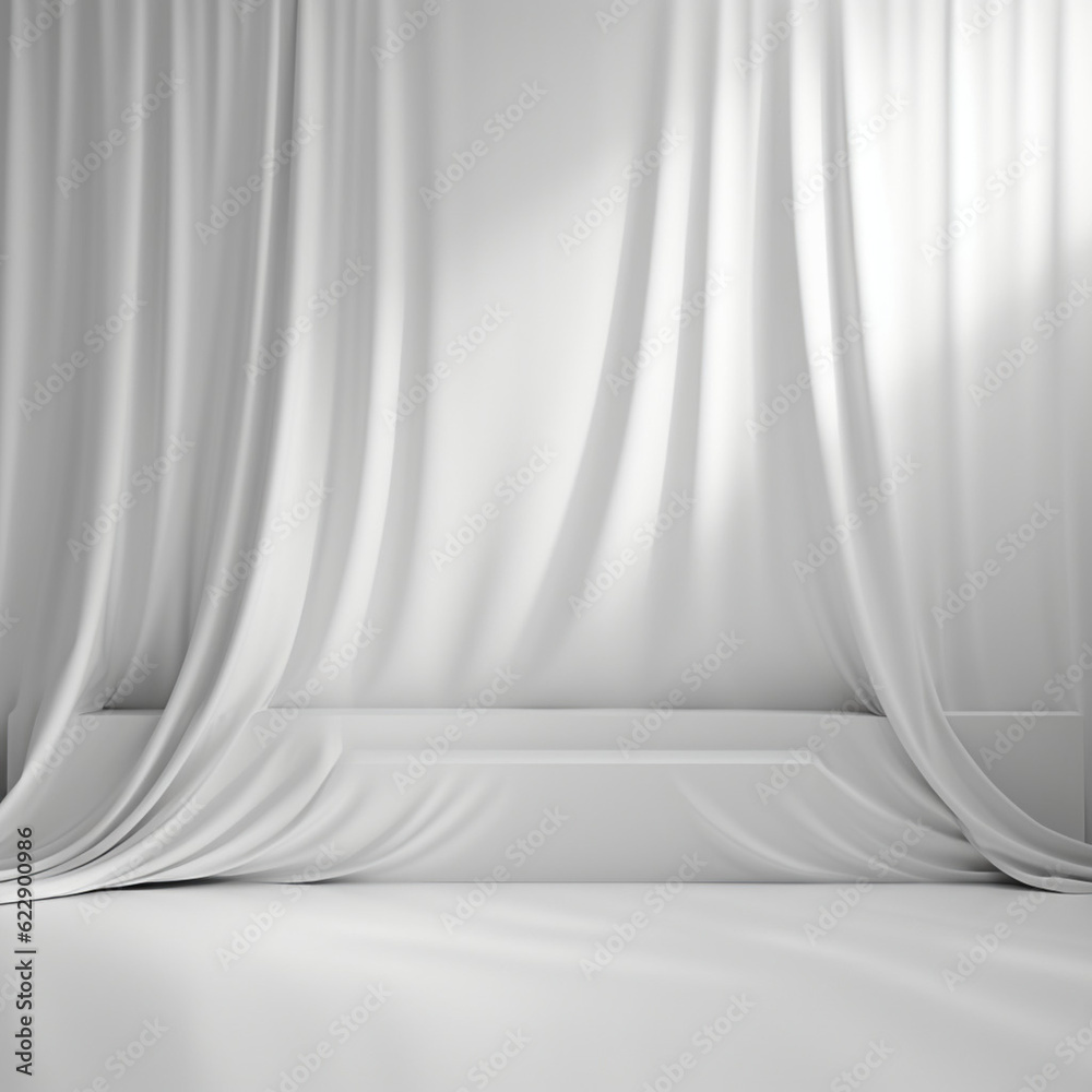 Poster empty curtains window on white background. mock up product display podium with generative ai.