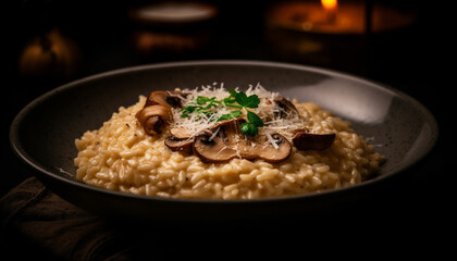 Healthy risotto meal with edible mushrooms and parsley generated by AI