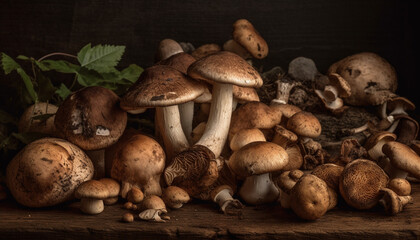 Fototapeta premium Fresh organic porcini and shiitake mushrooms for cooking generated by AI