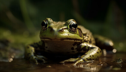 Fototapeta premium Slimy toad sitting on wet leaf looking generated by AI