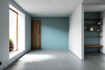 Fototapeta na wymiar cozy room with a blue accent wall and rustic wooden door. Generative AI