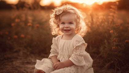 Smiling child enjoys playful nature in summer meadow generated by AI