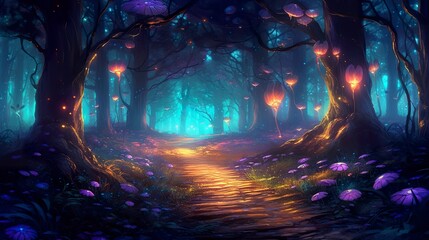 Fantasy fairy tale background with forest and blooming path. Fabulous fairytale outdoor garden and moonlight background. AI Generative