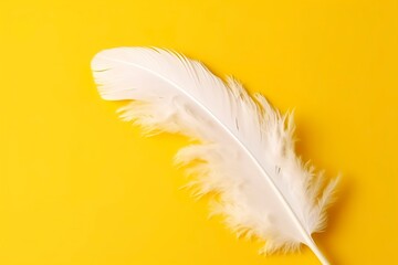 Close up of bright white feather. Copy space, yellow background. Fashion and Party concept. AI Generative