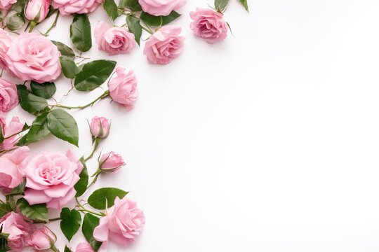 Close up of blooming pink roses flowers and petals isolated on white table background. Floral frame composition. Decorative web banner. Empty space, flat lay, top view. AI Generative
