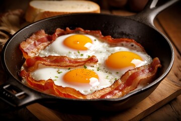 Bacon and eggs in a pan. Composition with tasty fried eggs and bacon on wooden table. AI Generative