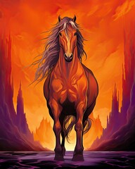 In front of a purple and orange background, a brown horse stands with long manes. (Generative AI)