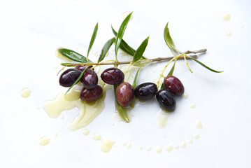 Ripe black olives, fresh branch with green leaves was dipped in olive oil, isolated on white background with shadows. Abstract pattern of oil drops. Small twig with fruit as healthy food concept.

