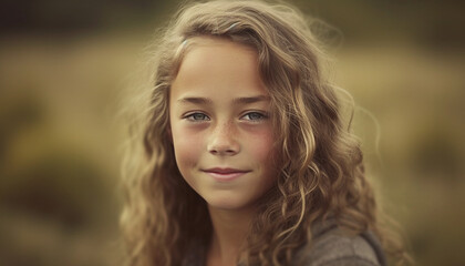 Naklejka premium Cute Caucasian girl smiling, enjoying nature beauty generated by AI