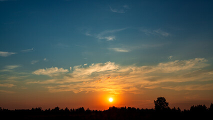 Obraz premium Green field and beautiful summer sunrise. Beautiful clouds on the sky.