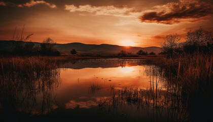 Sunrise reflection on tranquil pond, nature beauty generated by AI