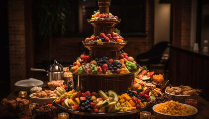 Naklejka premium Gourmet buffet with fresh fruit and chocolate generated by AI