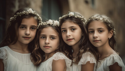 Obraz premium Cute girls smiling, looking at camera, enjoying togetherness generated by AI