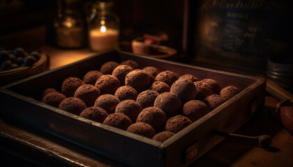 Indulgent homemade chocolate truffle balls on rustic table generated by AI