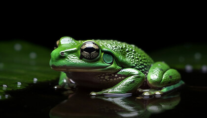 Obraz premium Green eyed toad sitting on wet leaf generated by AI
