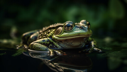 Fototapeta premium Green toad sitting on wet pond leaf generated by AI