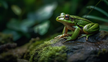 Obraz premium Slimy toad sitting on wet leaf, looking generated by AI