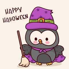 owl halloween witch with broom
