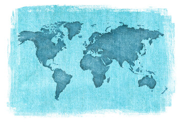 World map over organic burlap texture