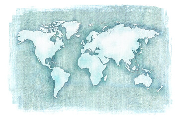 Cool blue world map over organic burlap texture