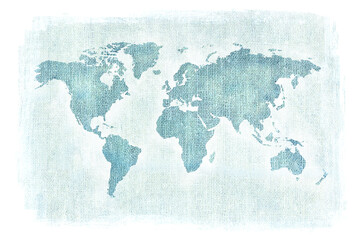 Cool blue world map over organic burlap texture
