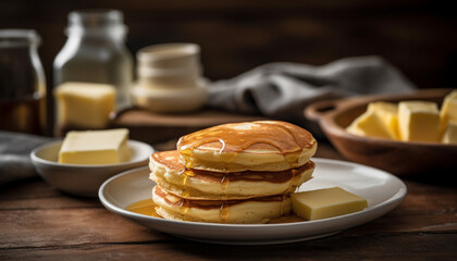 Stack of homemade pancakes with sweet syrup generated by AI