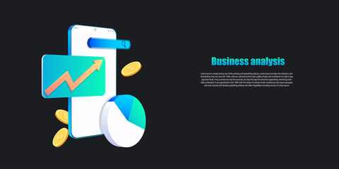 Business analysis online application on mobile. Dashboard app with business analytics data, charts, investment, trade and finance management. Vector illustration
