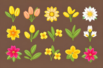 Set of spring colorful flowers, Generative AI
