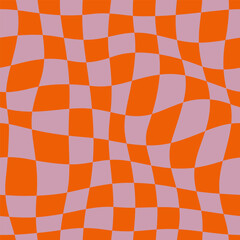 Groovy Psychedelic Checkerboard Seamless Pattern. LIlac and Orange Abstract Background in 70s Retro Style