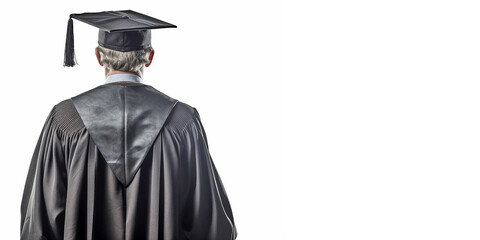 A respectable elderly professor in a square academic cap and study gown, viewed from the back in close-up and on an isolated background. Generative AI