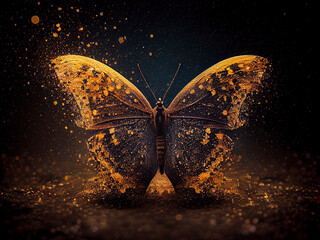 Festive abstract image of a flying butterfly on a dark background. Generative AI