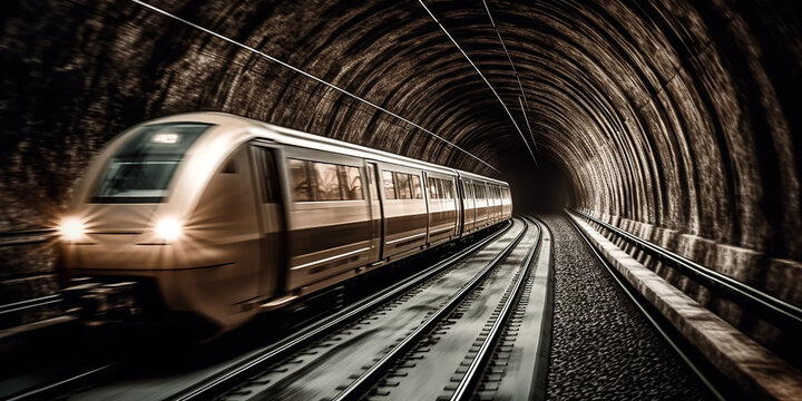 An image of a fast moving modern train in a subway tunnel. Generative AI