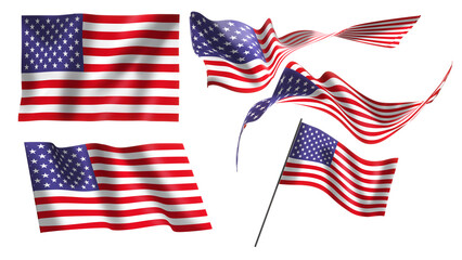 United States flags in different styles for illustration. flag set on white background.,3d rendering
