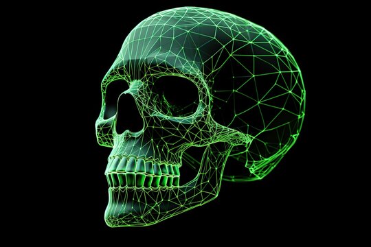 Computer 3d network model of skull, green lines, black background. Generative AI