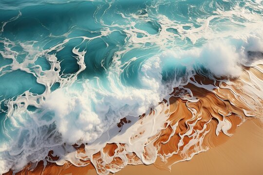 Hyper realistic photography, Abstract hypnotic illusion of turquoise ocean waves over gold sand. Generative AI